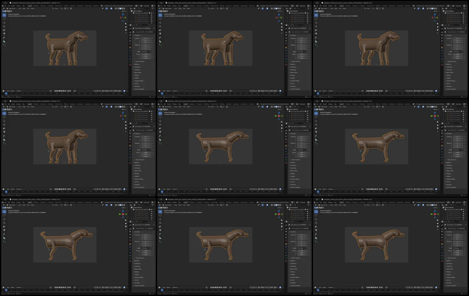 Nine sampled Blender frames from the corrected locked-view recording coda