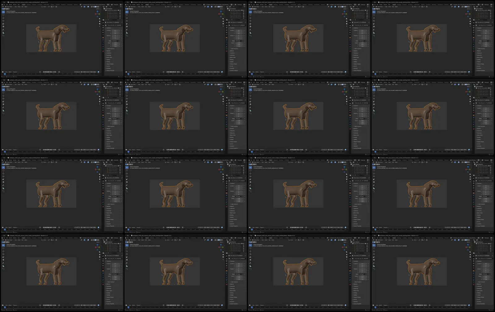 Sixteen sampled Blender frames covering union, continuity, masks, and the shoulder-neck stage