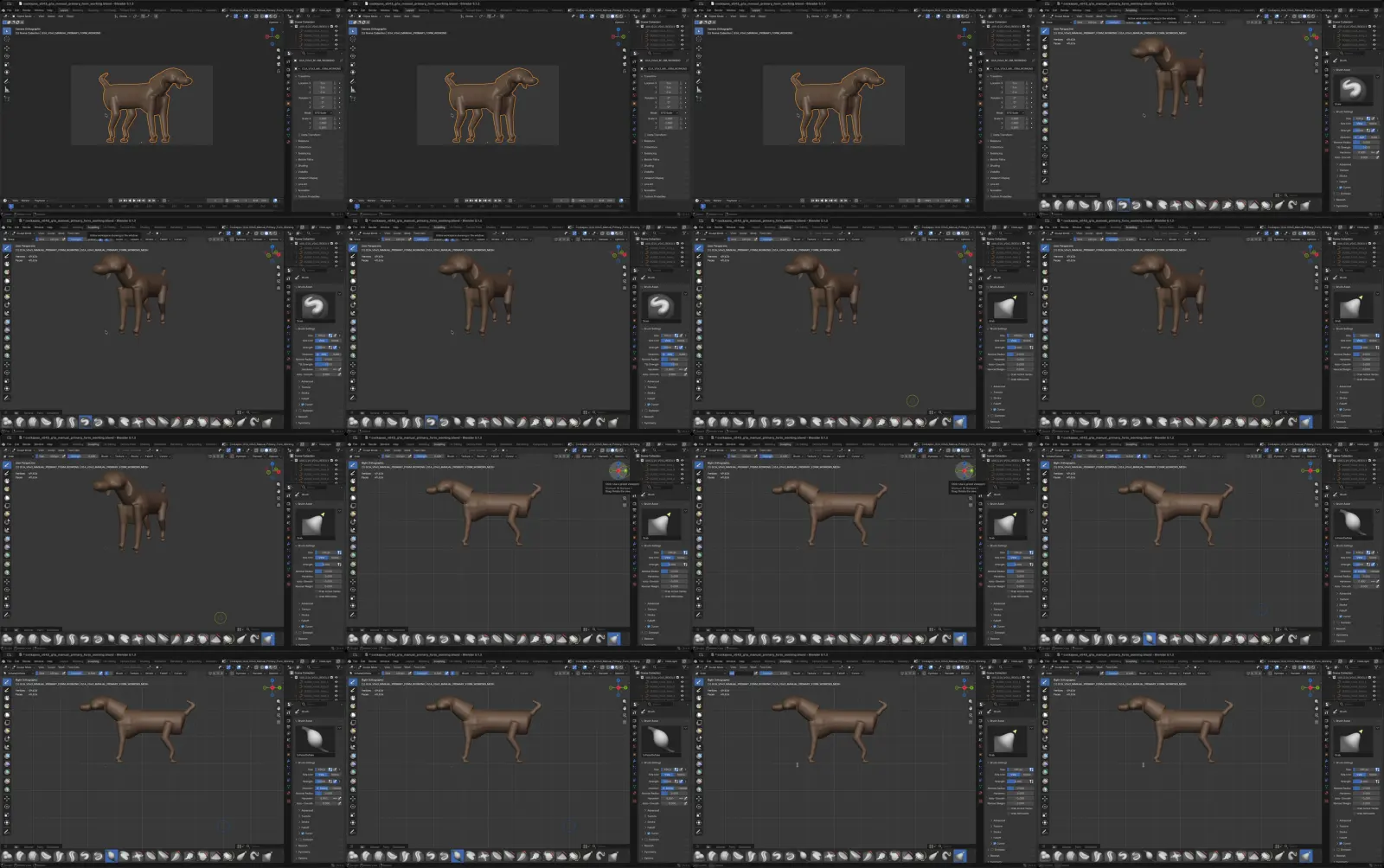 Sixteen sampled Blender frames from the bounded v043 manual primary-form sculpt